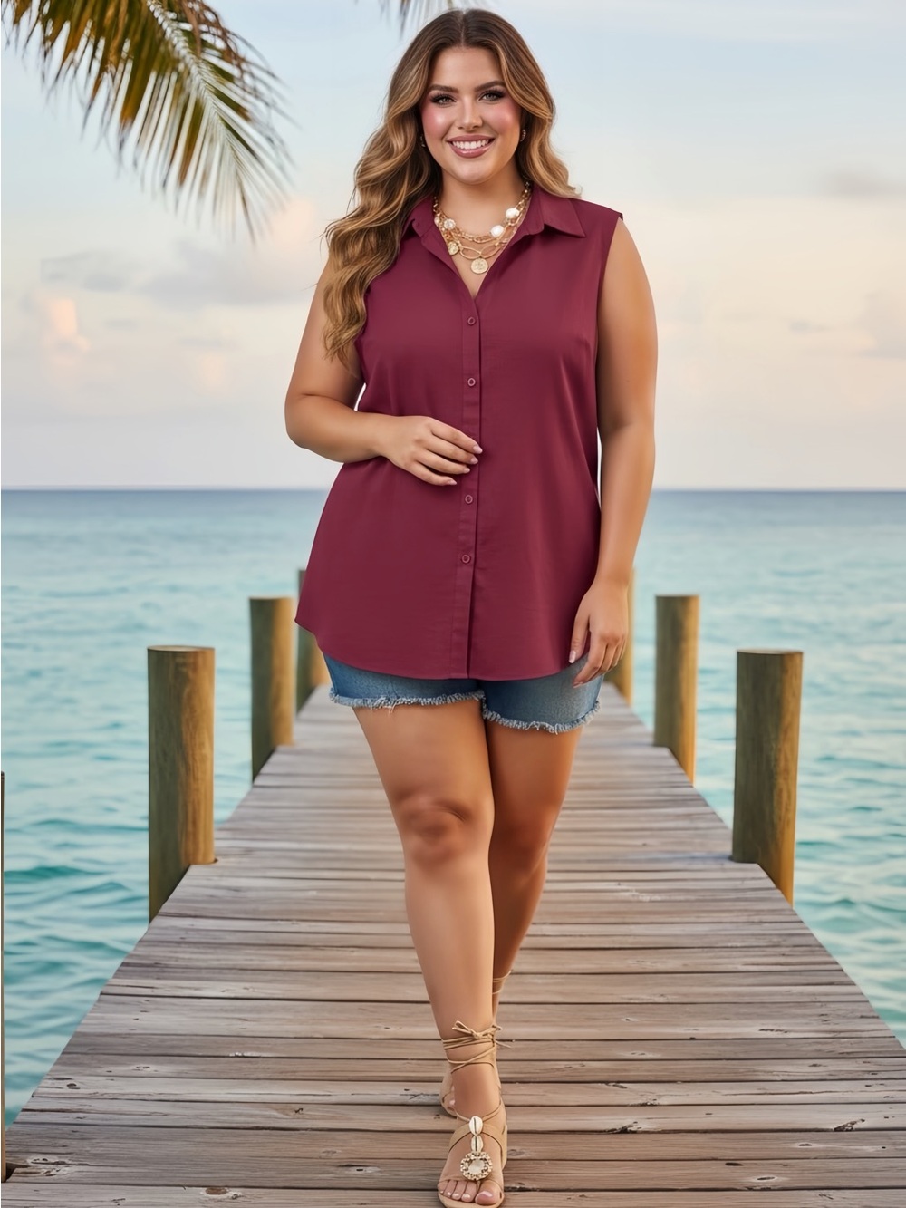 CJ Banks Sleeveless Button-Front Blouse in Wine